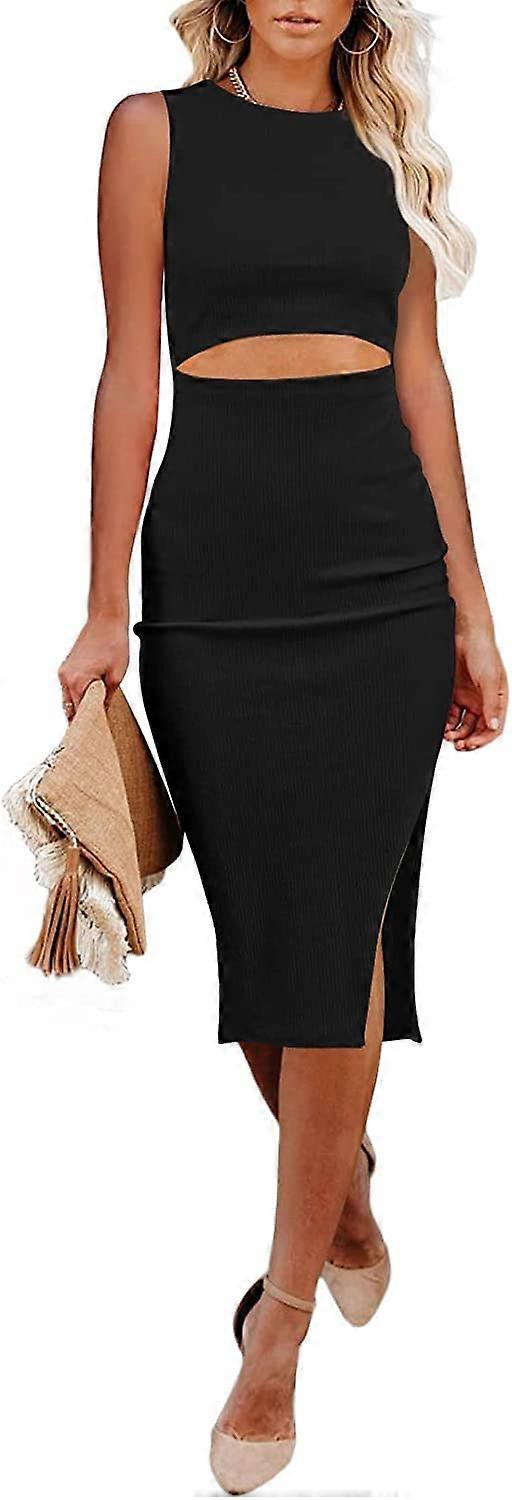 Kongque - Womens Summer Crew Neck Sleeveless Bodycon Midi Dress Side Split  Knit Cut Out Tank Top Dress | Fruugo UK