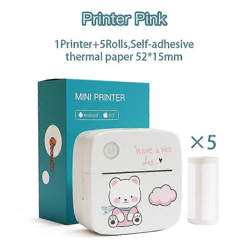 Mini mobile printer, portable printer pink label paper 15mm*5 rolls (can be pasted) mini Bluetooth p