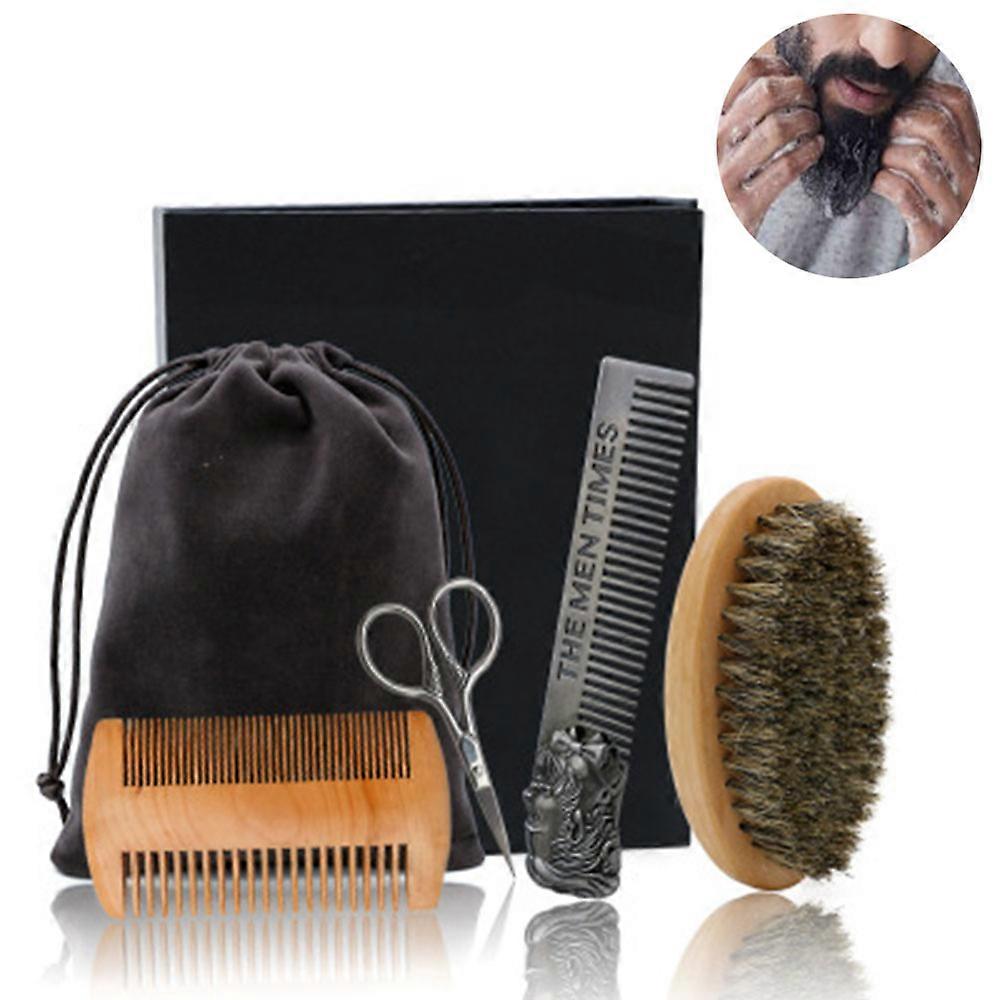 4 -Part Bartkammset Revolution Bartkamm & Bartbsternet For Men - Natural Pig Bristle Brush And Double -Acting Pear Wood Comb With A Velvet Travel Bag