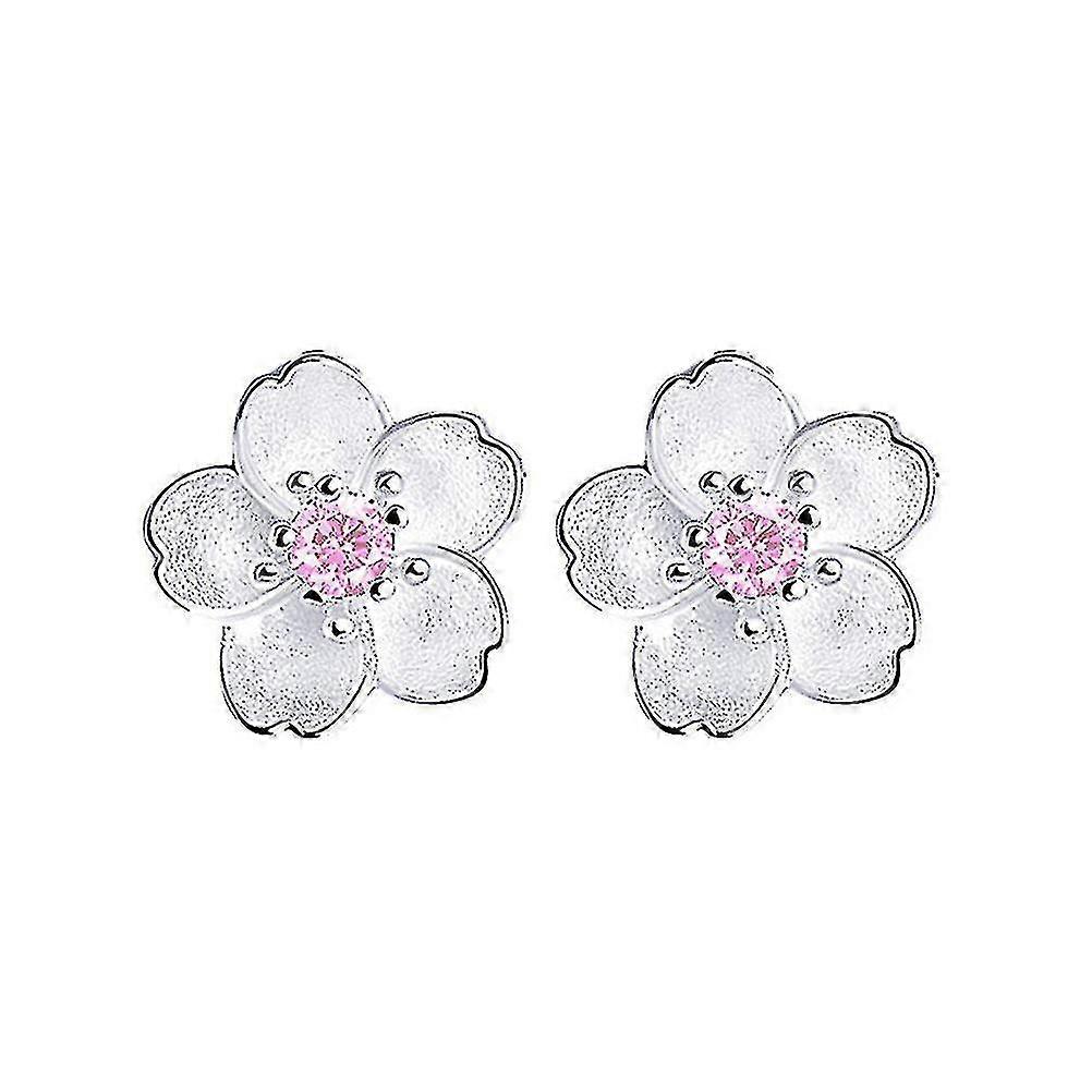 Silver Sakura Ear Studs Adorable Oriental Cherry Ear Studs Pretty Silver Ear Studs (pink Diamond)