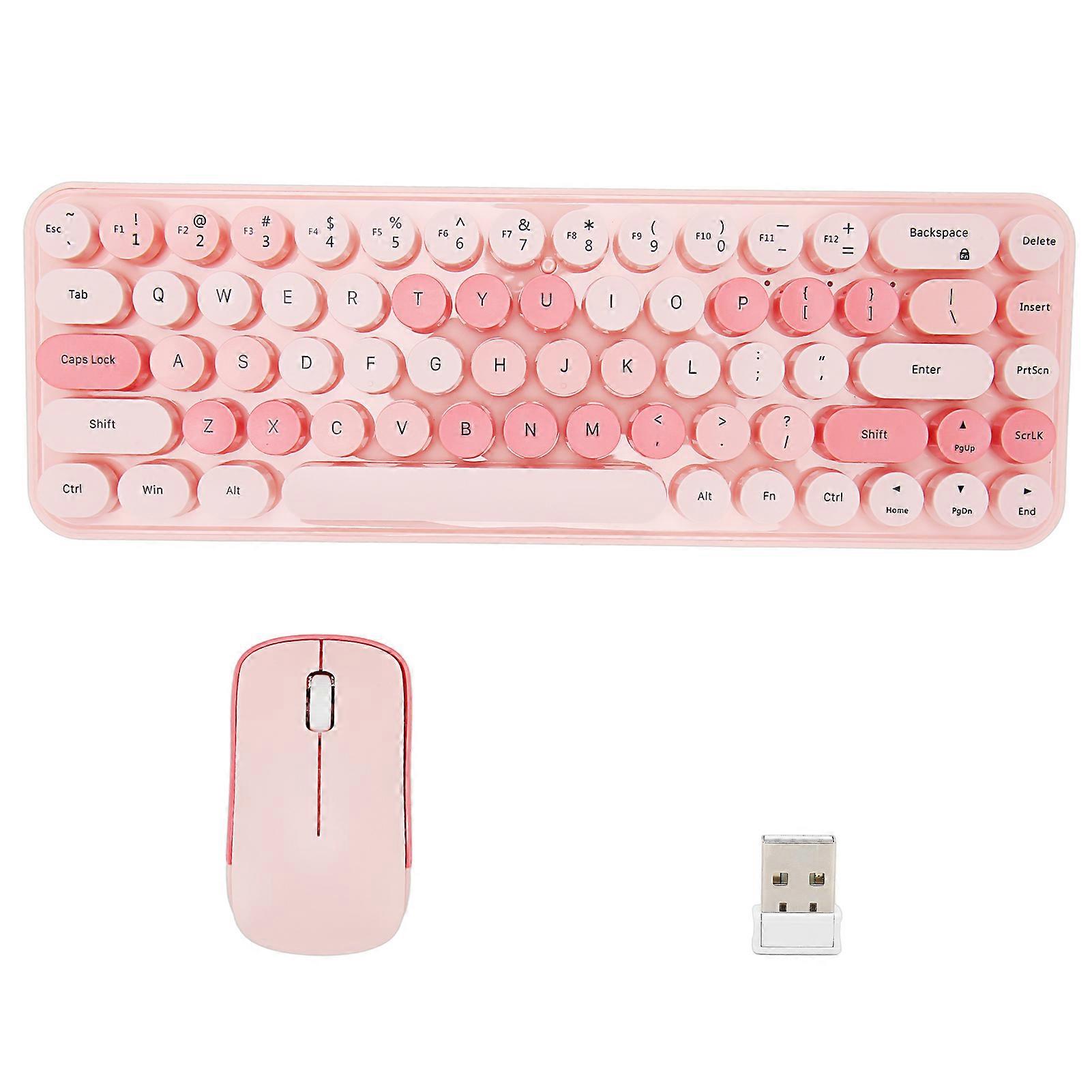 Clavier Souris Combo 2.4GHz Sans Fil Mignon Rétro 68 Rond Keycaps 3 DPI Clavier et Souris pour Family Office Gaming Thème Rose