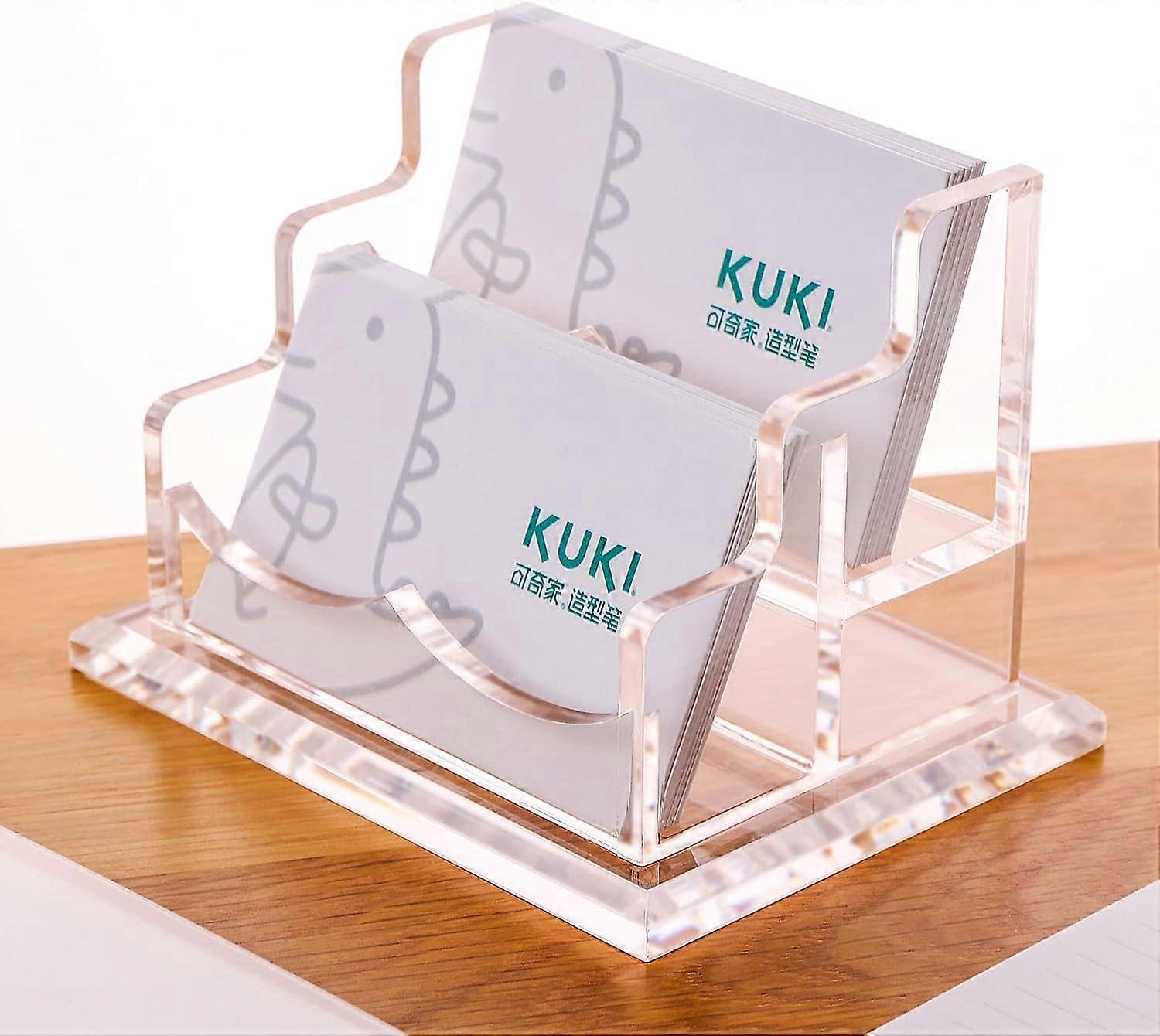 Business Card Holder for Desk - Clear Acrylic Handmade Base with 2 Tiers and 2 Slots (1 Pack)