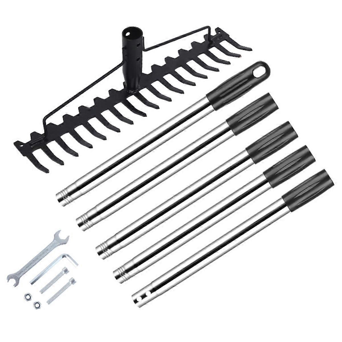 17 Steel Teeth Metal Rake Soil Scarifier with Stainless Steel Handle for Collecting Leaves and Leve