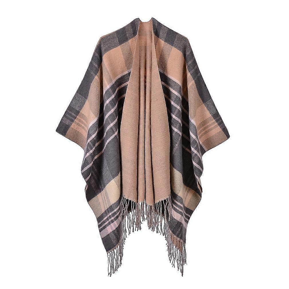 Fringed Hem Poncho Open Front Long Thicken Shawl and Wrap Cashmere Feel for Lady