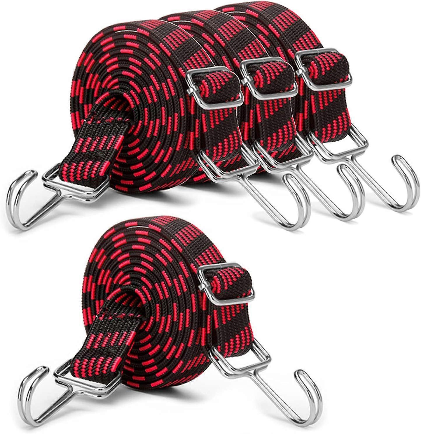Bungee Straps with Hooks, 2M Long Adjustable Cords set, 4 Pack Heavy Duty Flat Elastic Rope, Extra Strong Rubber Elasticity Cord for Camping
