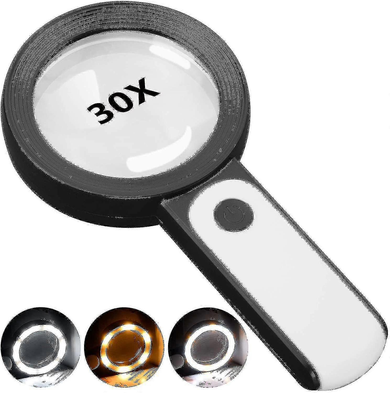Magnifying Glass With Light, 30x Handheld Large Magnifying Glass 18led Cold And Warm Light With 3 Modes, Illuminated Lighted Magnifier For Seniors Rea