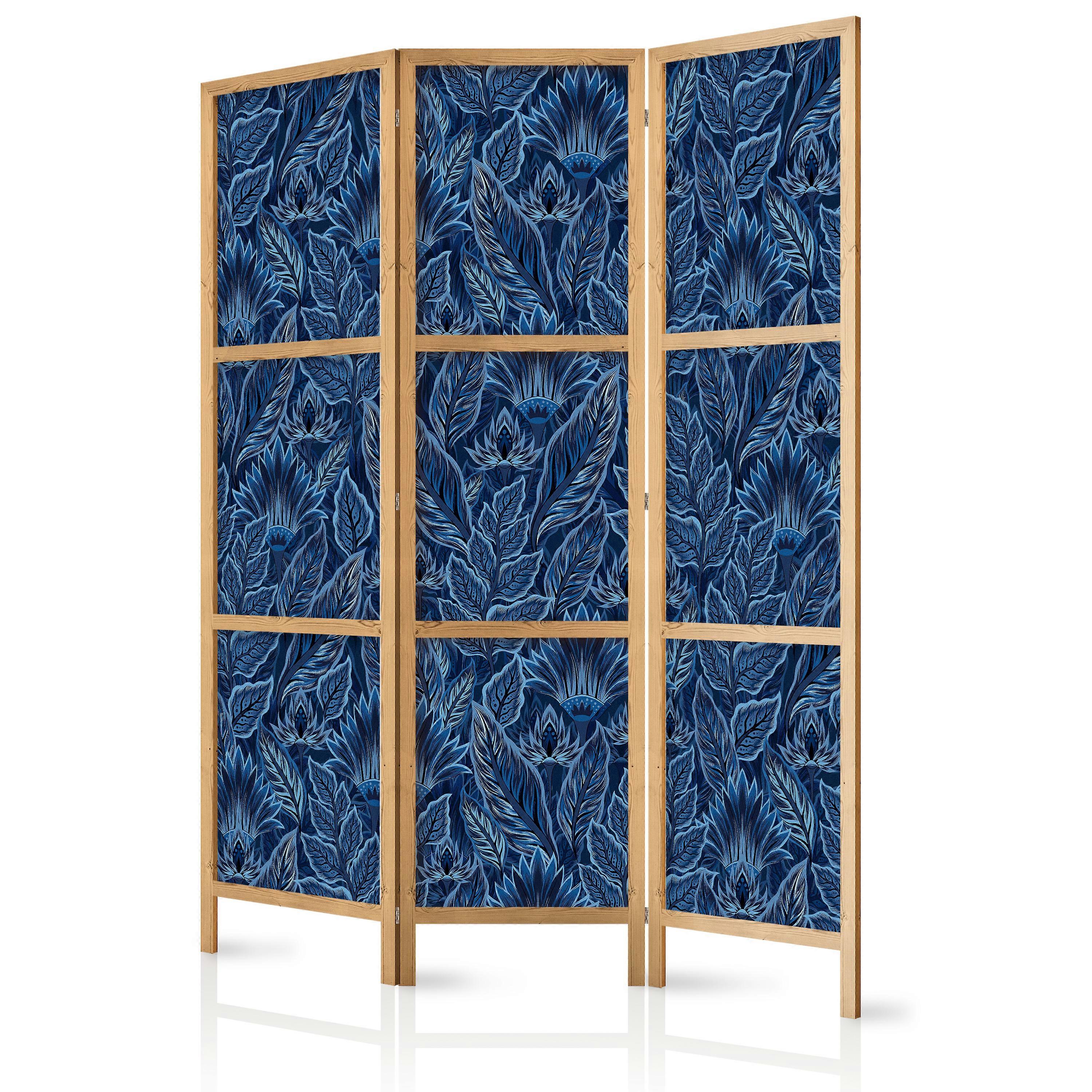 Japanese Room Divider - Dense Vegetation - Botanical Patterns in Illustrative Style; Blue