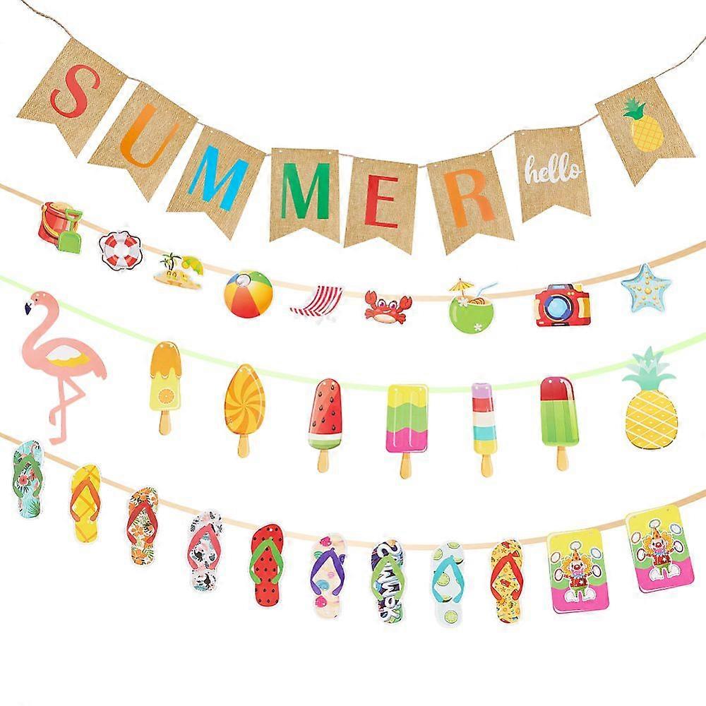 5 Bags 5 Style Summer Birthday Theme Paper Hanging Decorations & Flag Banners with Hemp Cord Mixed Shapes Mixed Color Pendant: 65~101x92~107x0.4mm Hol