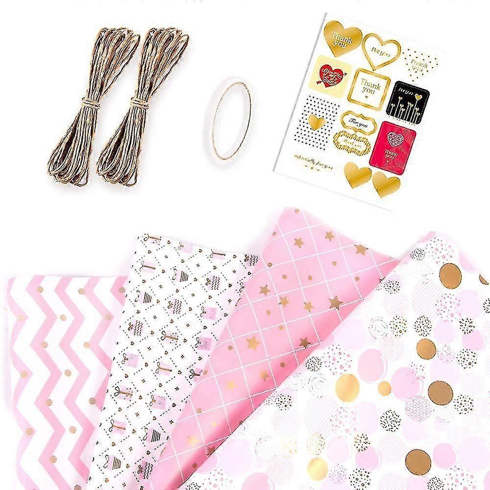 Gift Birthday Wrapping Paper For Girl, Metallic Gold Foil, Valentines Day, Christmas,4 Sheets W/string And Sticker