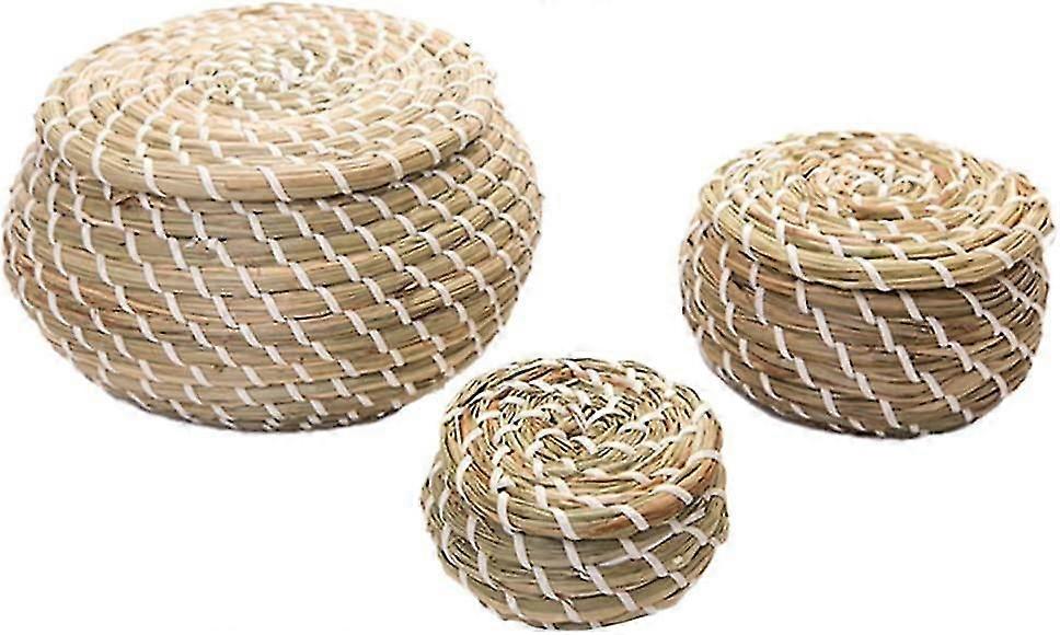3 Pieces Woven Seagrass Basket Wicker Rattan Storage Baskets Round Box Picnic Baskets Laundry Baskets With Lid