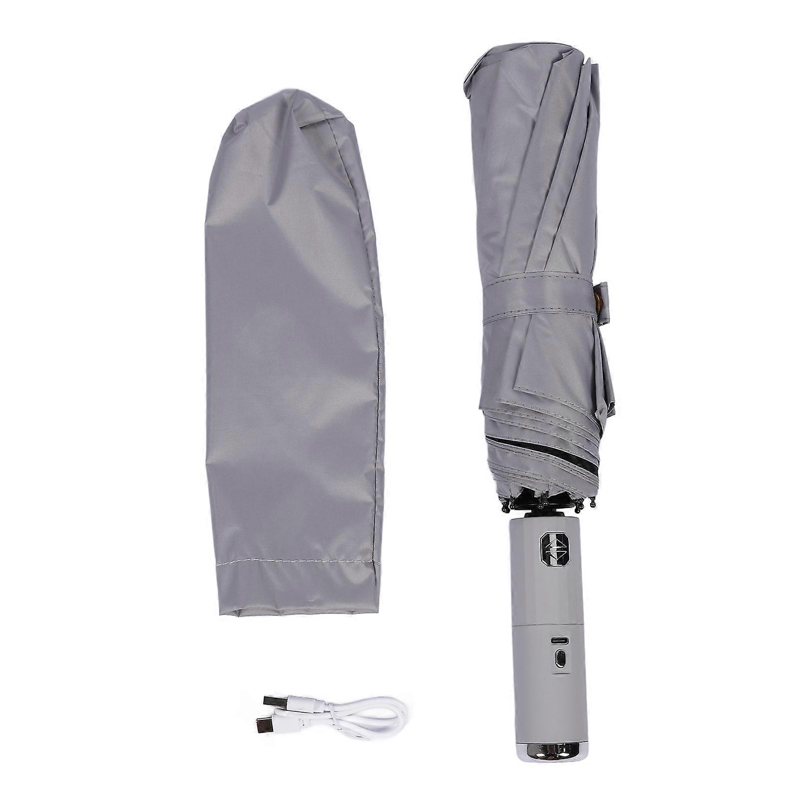 Portable Fan Umbrella Fully Automatic Black Glue Cloth Double Use 10 Ribs Folding Umbrella for Sunny and Rainy Day Gray