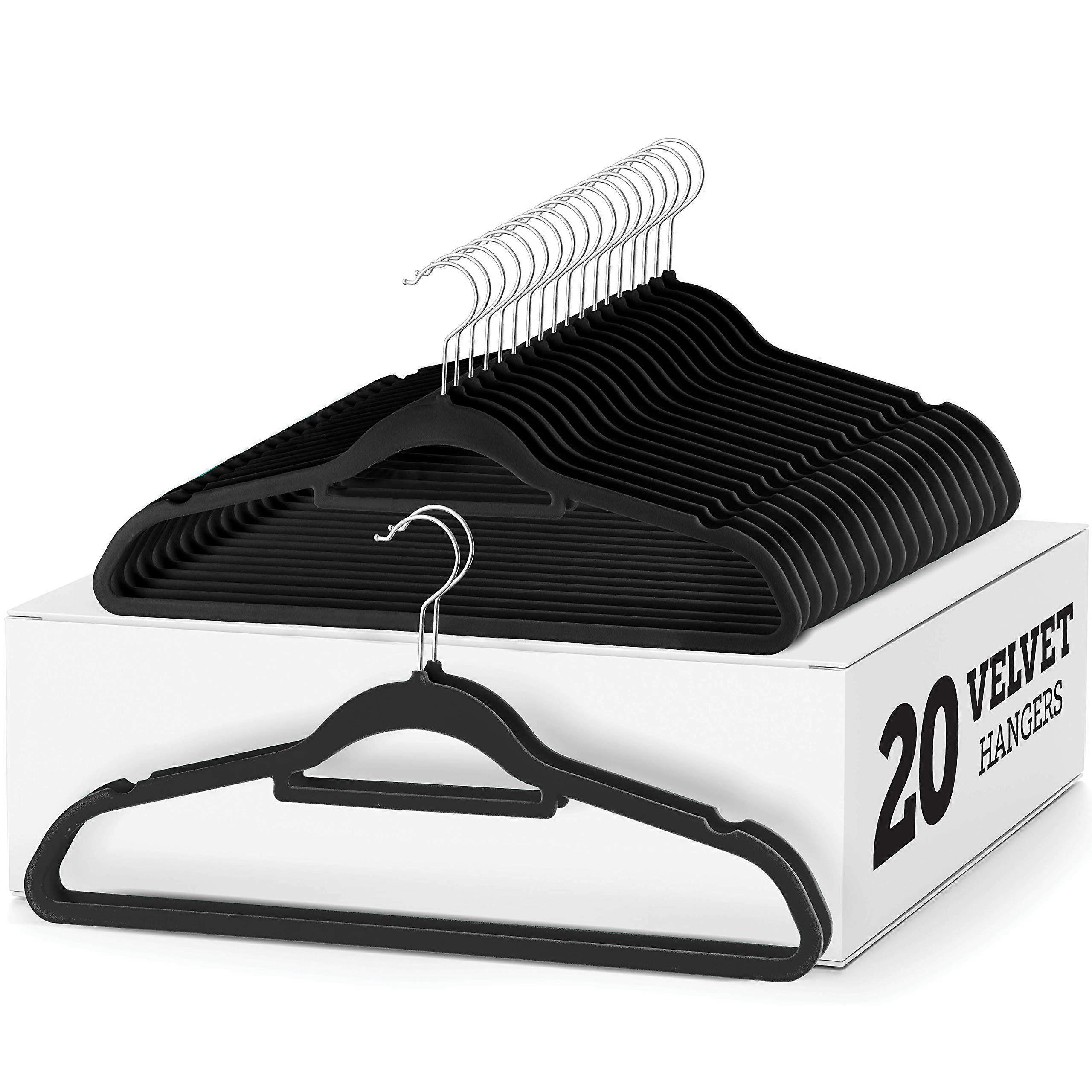 20 Pack Velvet Non-Slip Slim Felt Hangers for Suits, Dresses, and Coats - Space-Saving Design, Lightweight, Black Color