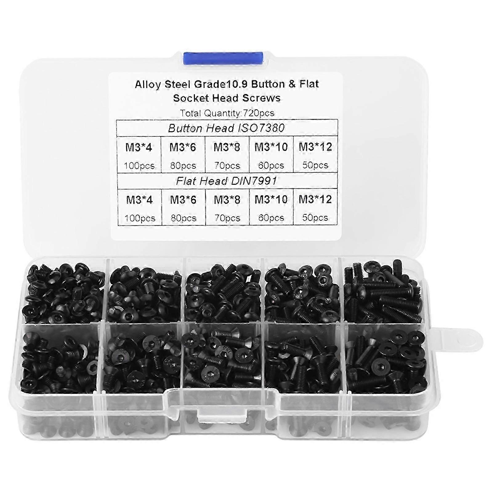 720pcs M3 Black Alloy Steel Flat Head Hex Socket Screws Set with Plastic Box