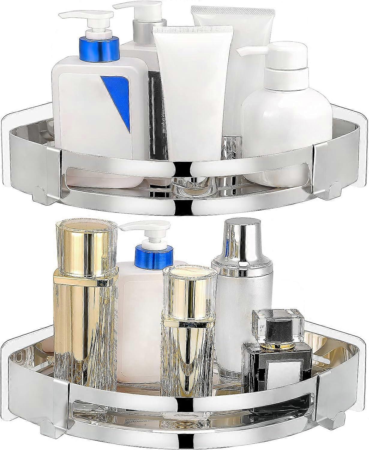 2pcs-Bathroom storage rack-304 silver single-layer corner rack (punch + punch-free dual-purpose)