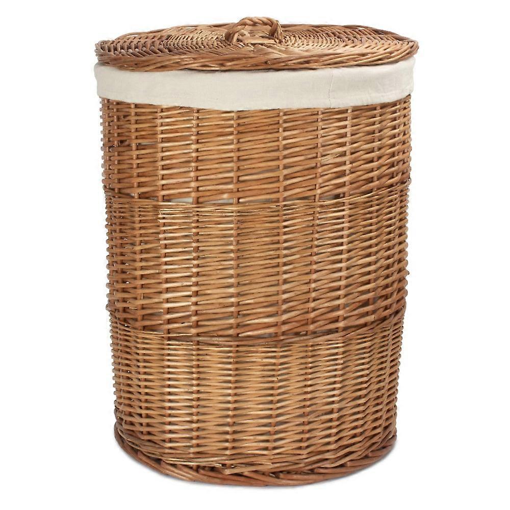 Light Steamed Round White Cotton Lined Wicker Laundry Basket