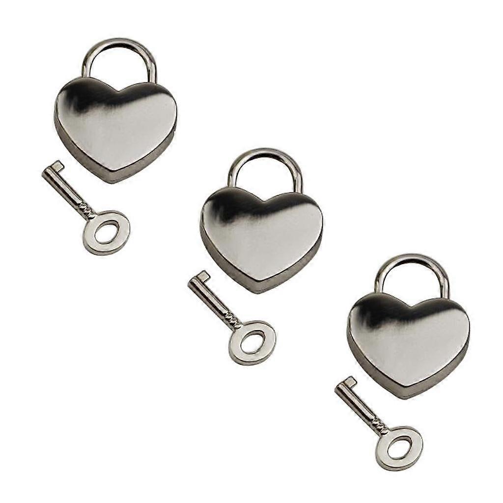 3Pcs Small Heart Shape Padlock Mini Travel Bag Diary Book Lock Key -Silver