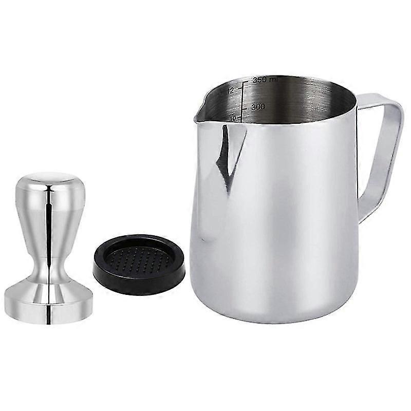 Coffee Tamper, 51mm Espresso Coffee Press, Alloy Tamper With Silicone Tamper Mat And Milk Jug 350ml Milk Pitcher