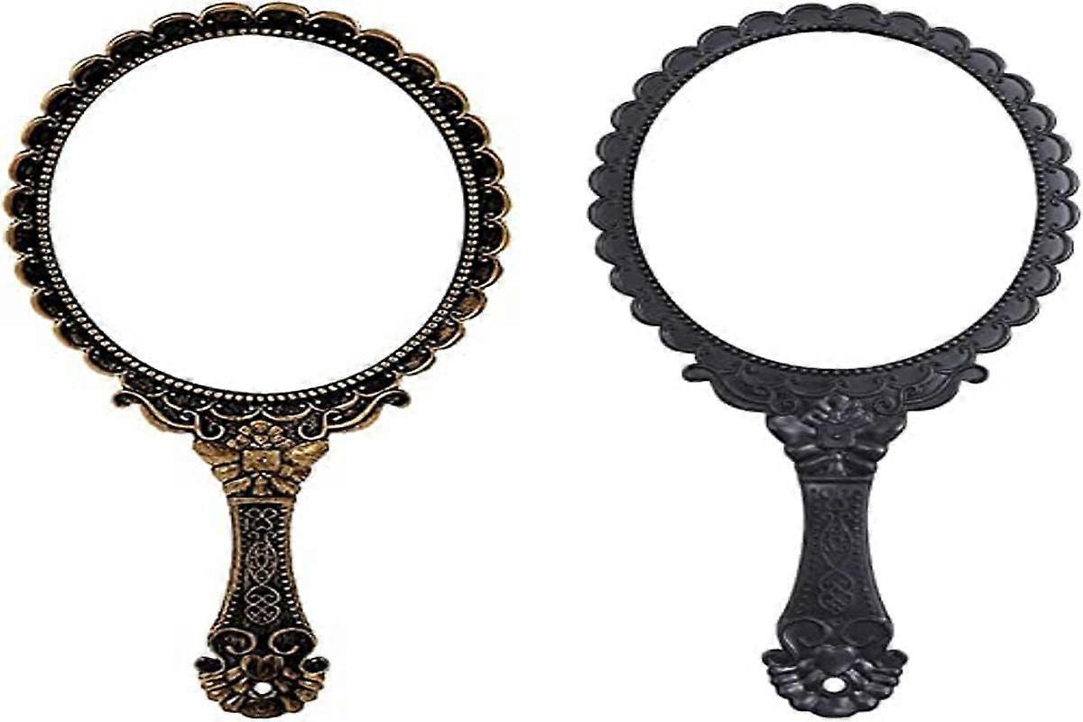2 Pieces Vintage Hand Mirrors with Handle, Portable Retro Makeup Mirror, Mini Single Side Handheld Mirror for Women (Black, Bronze)