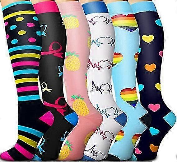 Compression Socks, 6 Pairs Colorful Breathable Long Tube Compression Socks, Non-Slip Flight Socks Running Socks