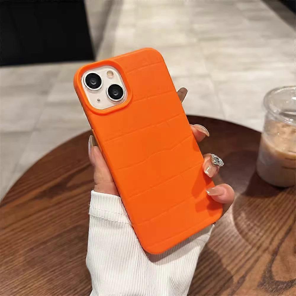 Case For Iphone 13 Orange Simple Solid Imitation Leather Grain Frosted Full No69