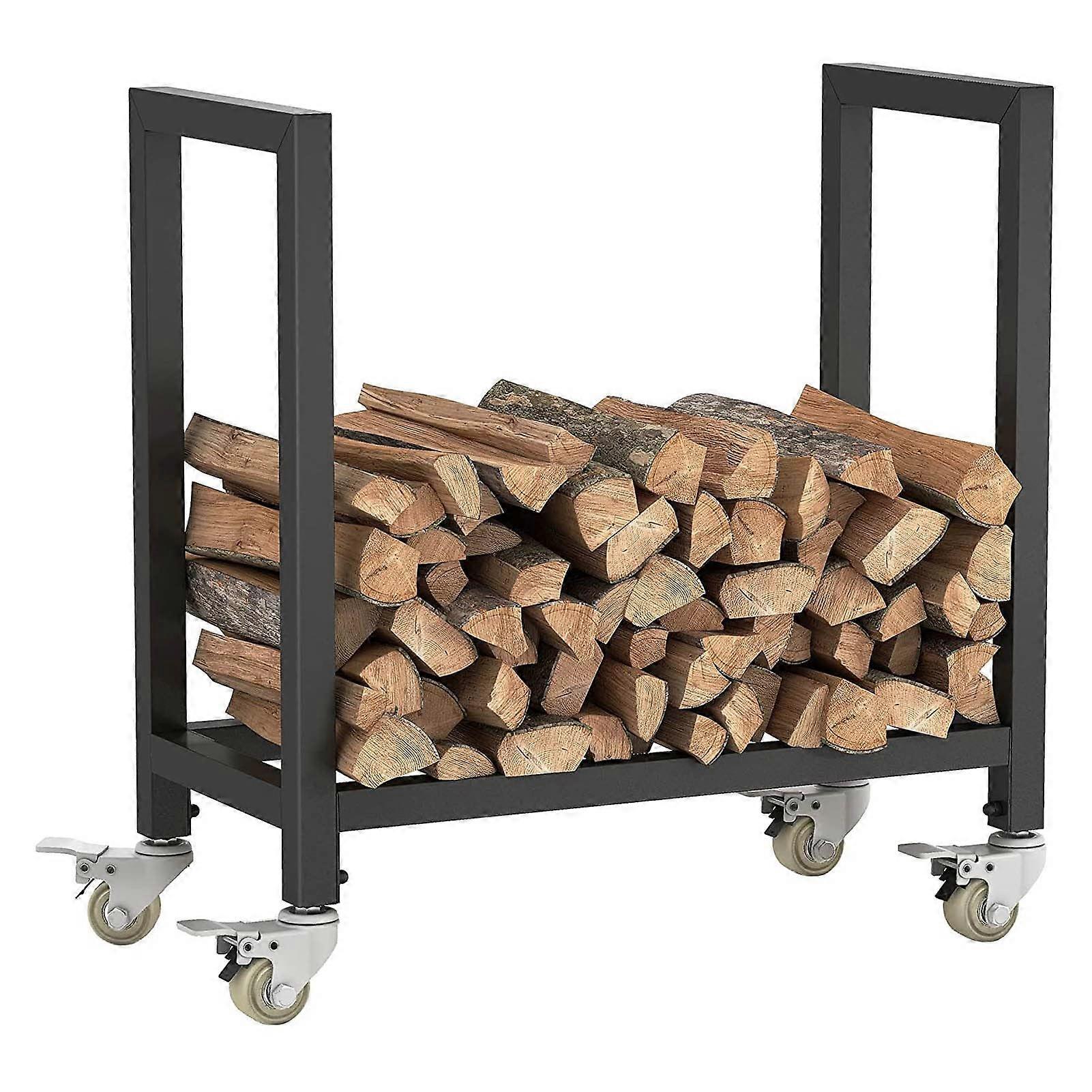 Firewood Rack Outdoor Log Rack Holder with 4 Wheels, Wrought Iron Storage Stand for Firewood, Durable and Portable Design