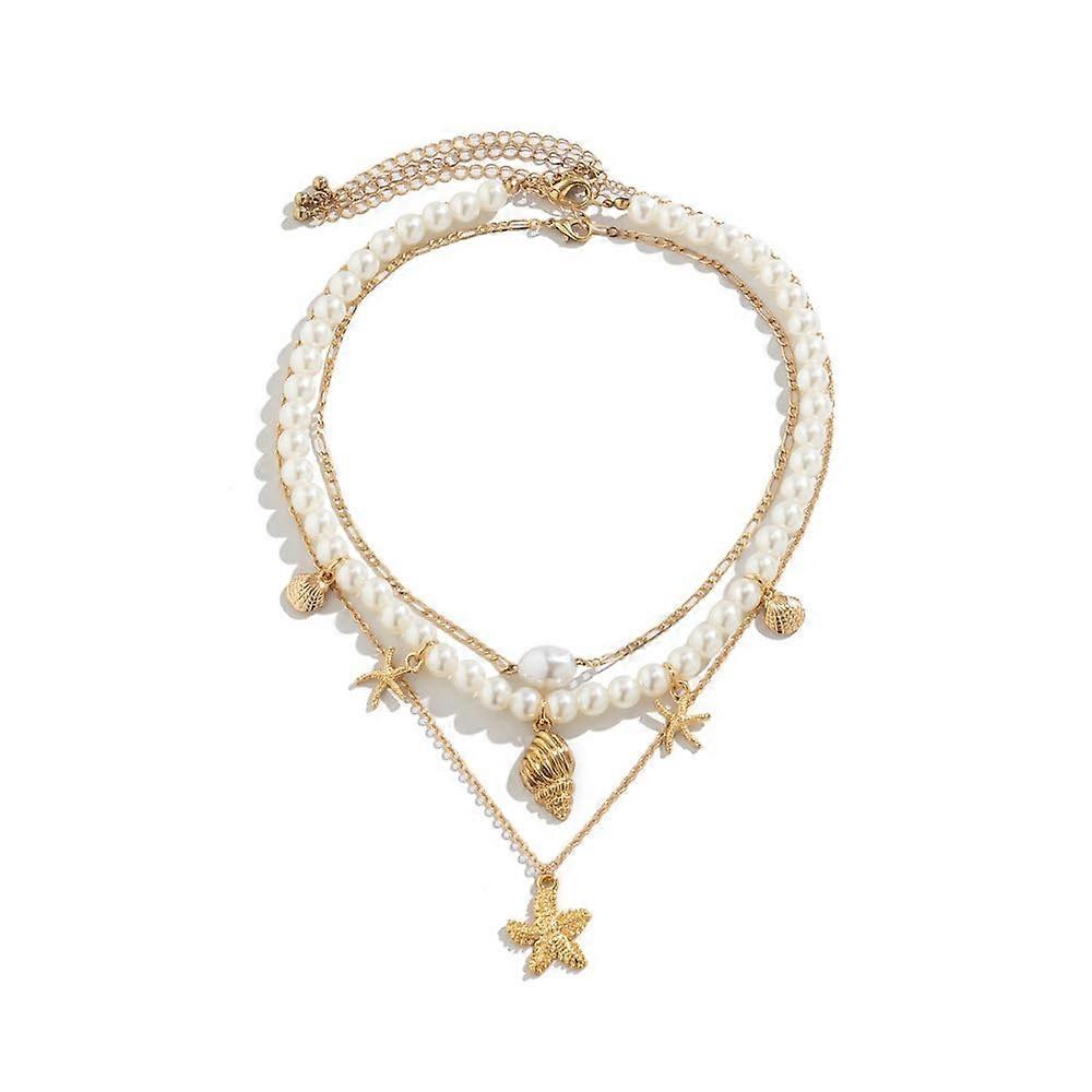 Exaggerated Multilayer Necklaces with Pendant for Women Yellow One Size Beach Starfish Shell Beads Collarbone Chain