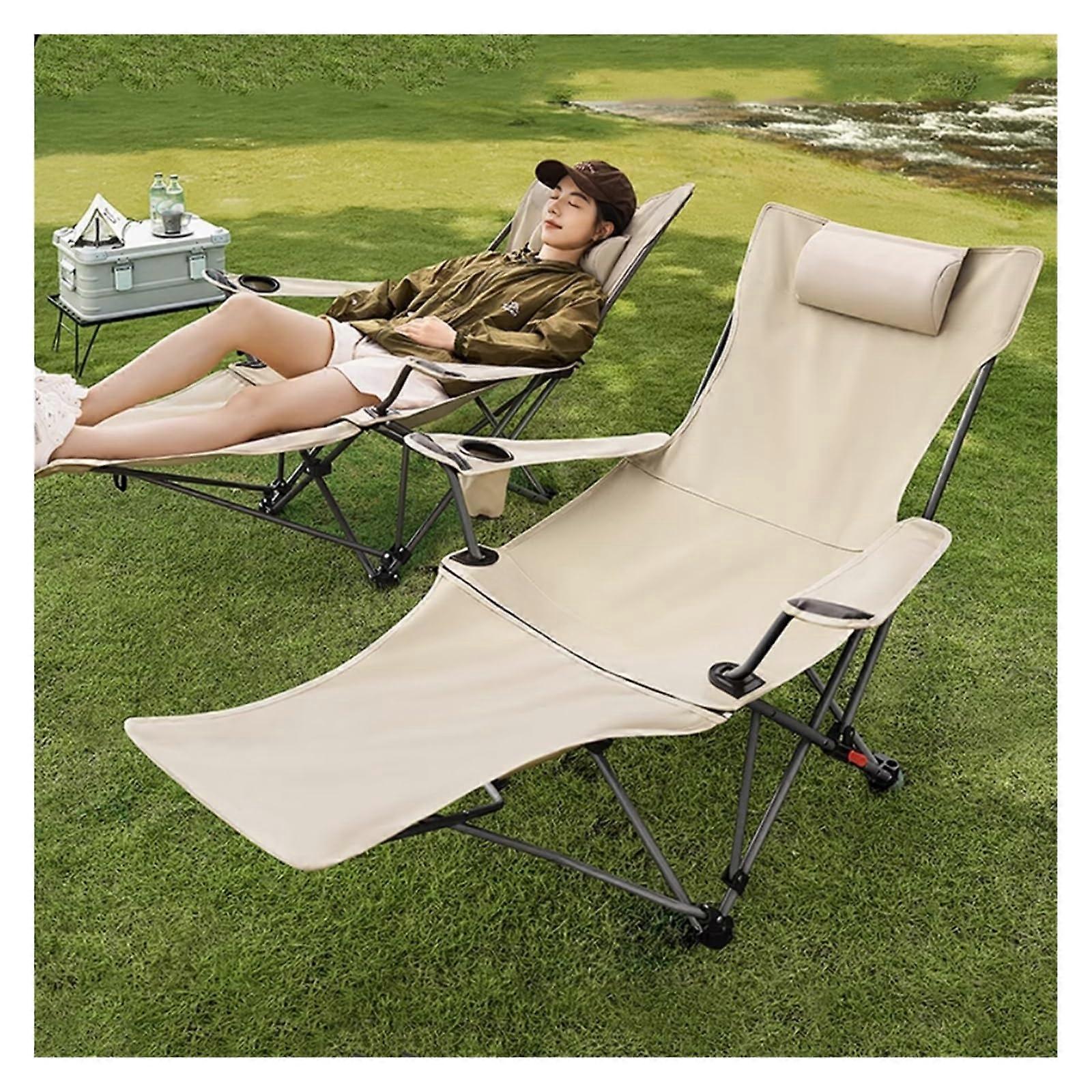 Folding Camping Chair With Footrest And Adjustable Backrest, 180kg Capacity, Cream-Coloured Cushion For Beach And Outdoor