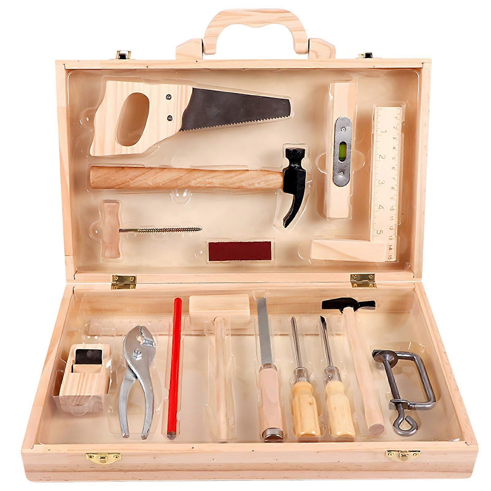 Children's Wooden Tool Set Toy with Box Case and Tools Accessories