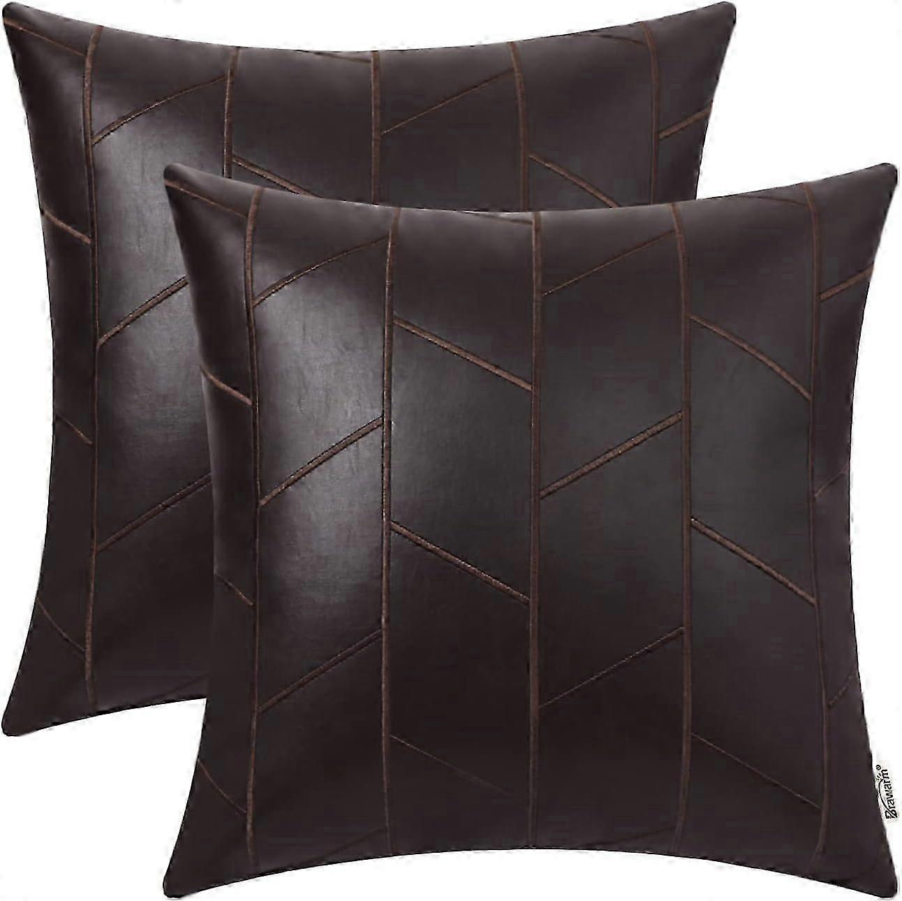 Pack De 2 Almofadas de Couro Castanho 16 X 16 Polegadas, Bordado Geométrico Castanho