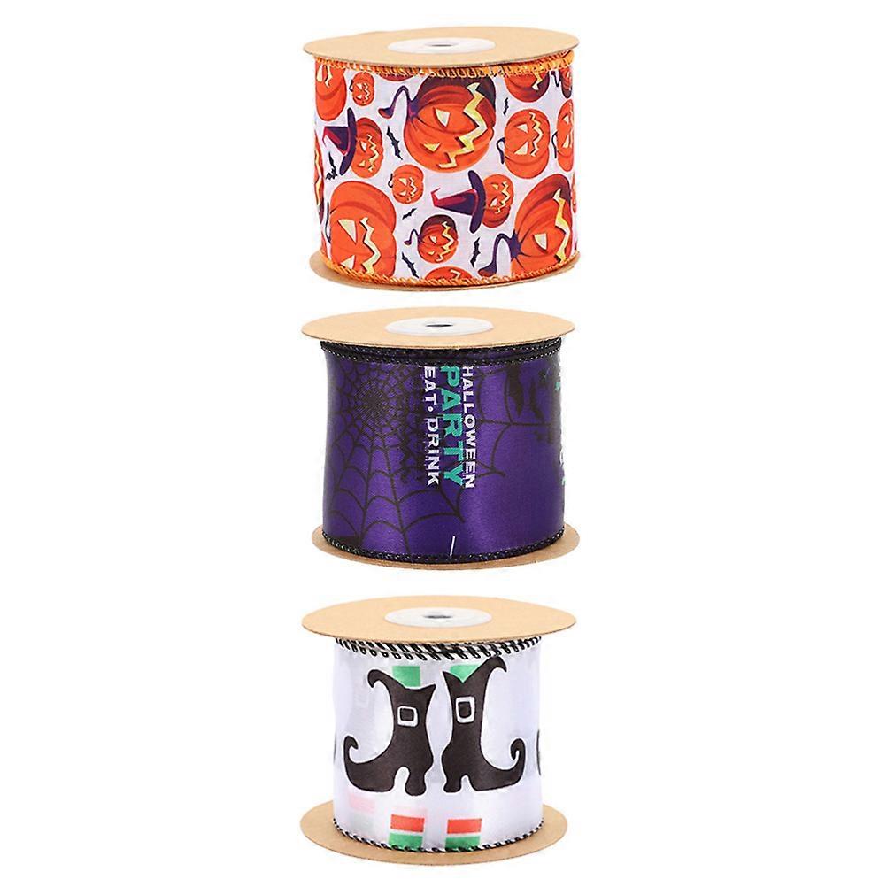 3 Rolls Halloween Wired Edge Ribbons for Bow Making, Pumpkin & Boot Print, Ideal for DIY Crafts, Wrapping & Festive Decor