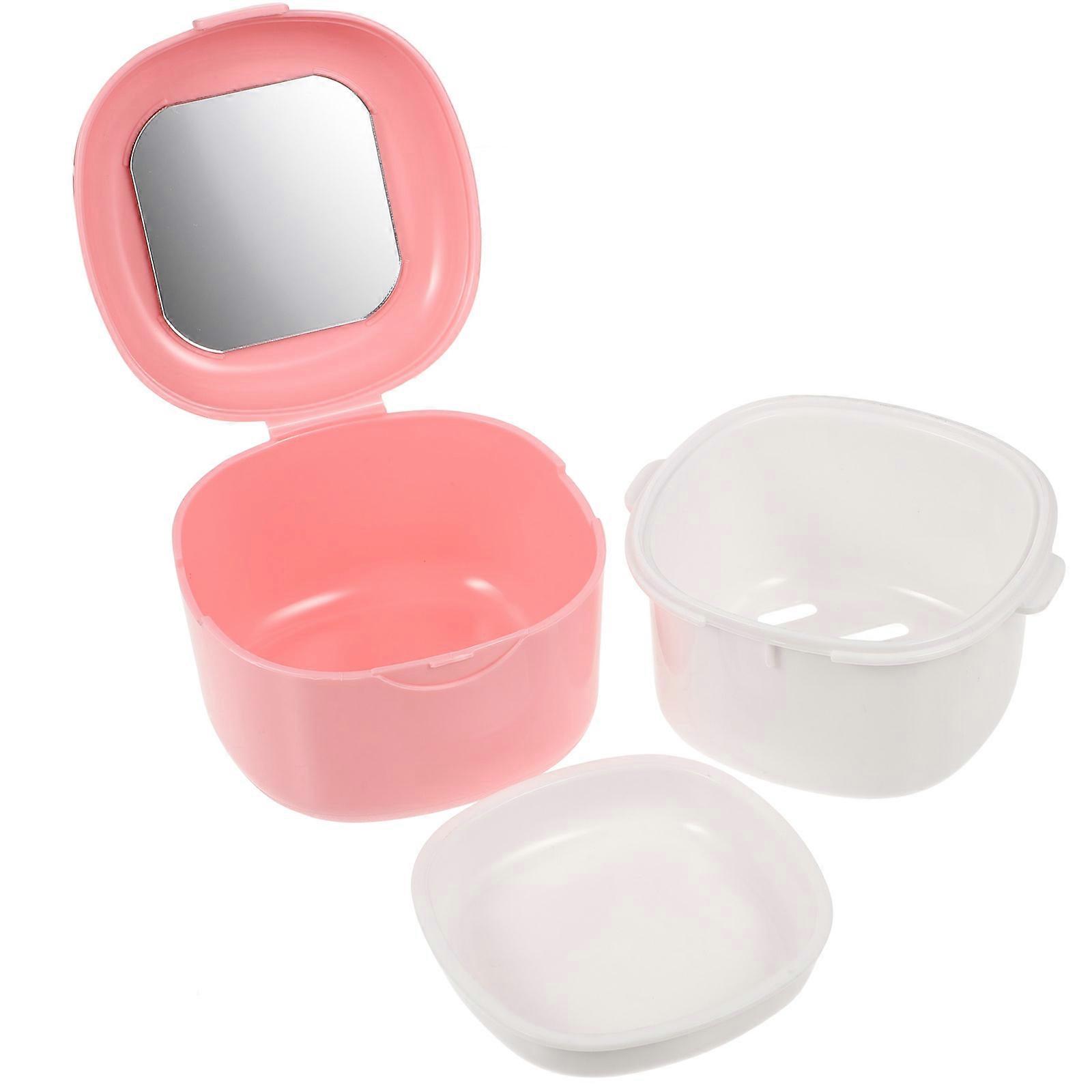 Retainer Case Small Portable Denture Storage Container Pink For Travel 1Pcs
