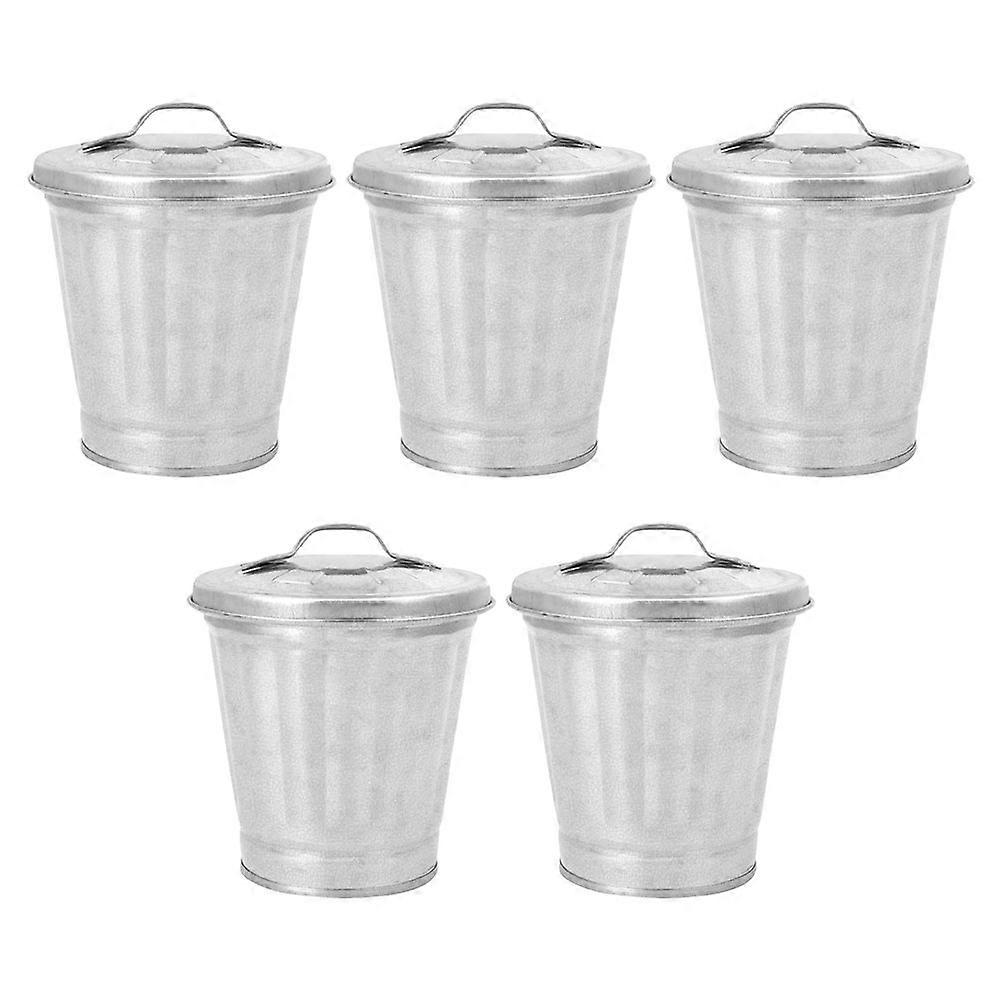 Mini Trash Can for Desktop Use Simple Silver Galvanized Iron 5 Pieces 3.15x3.15x3.94 Inches