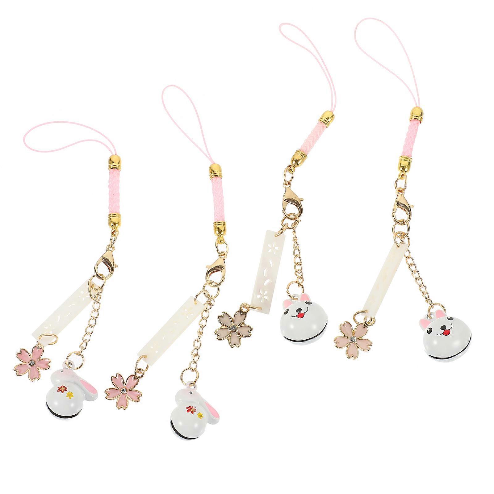 Rabbit Design Hanging Bell Pendant with Flower for Decoration Assorted Color Alloy 4Pcs