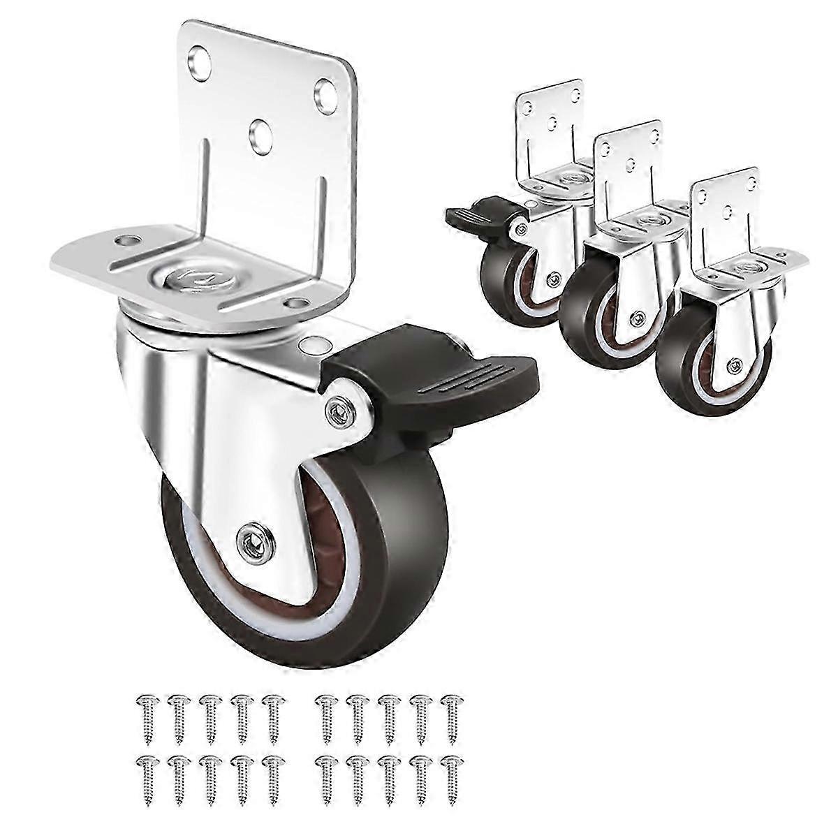 Enhanced Furniture Casters - Set of 4 Side Mount Casters with Brakes, L-Shape Plate and Small Wheels for Cabinets
