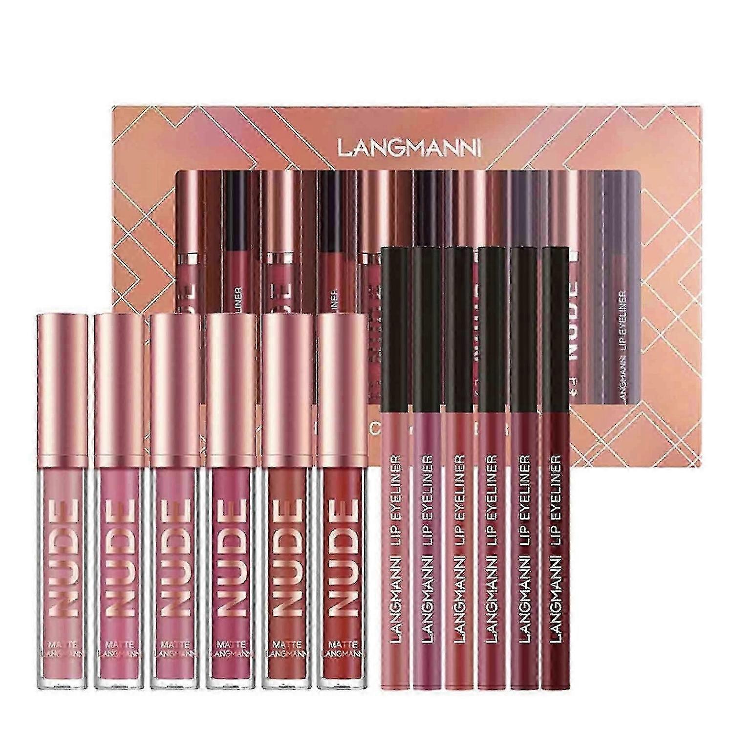 Lip Gloss Lip Line Pens 12 Sets Of Sets Are Not Easy To Stick Cup Matte Lip Gloss To Rotate Lip Line Pen