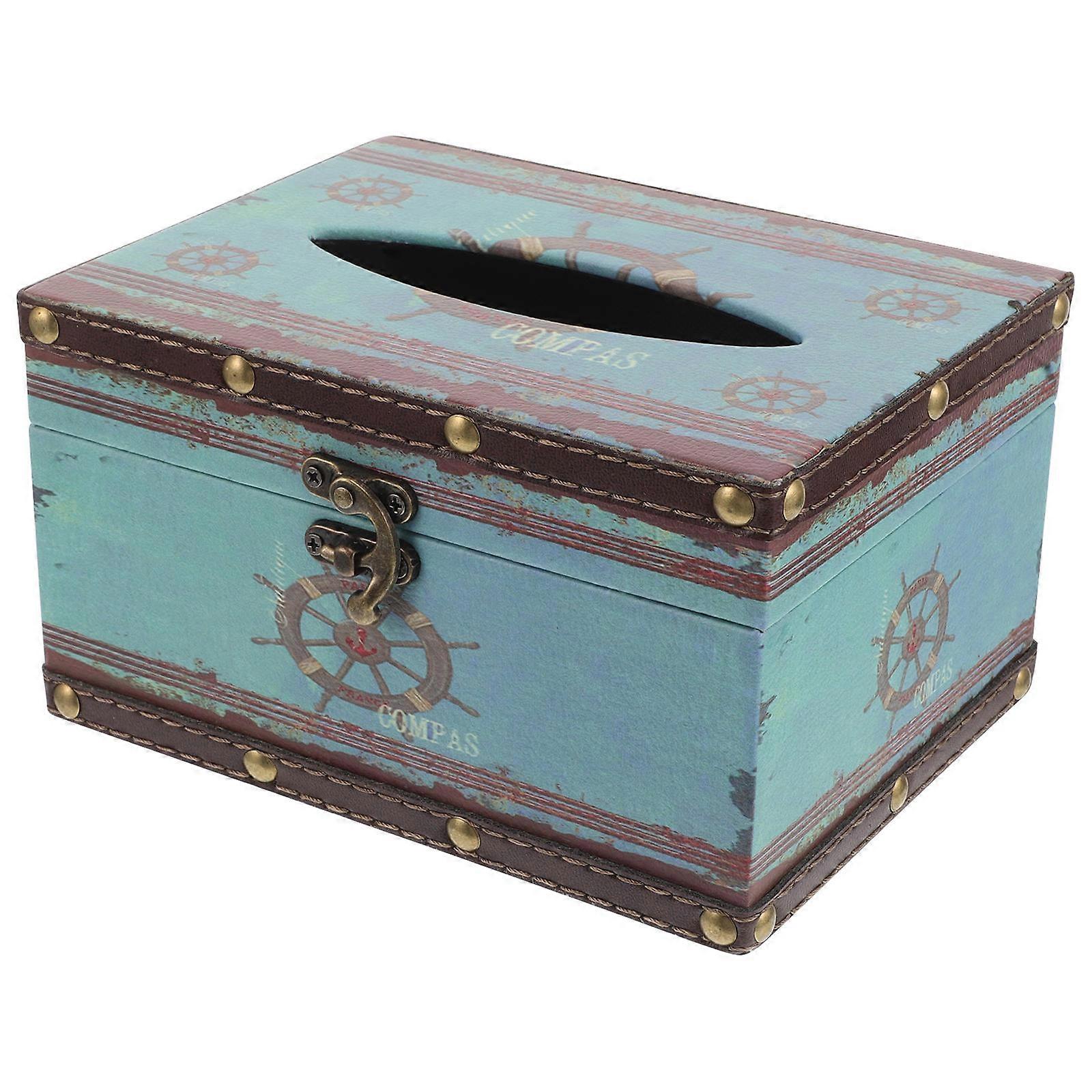 Wood Tissue Box Holder Blue Vintage for Storage 2Pcs Rectangular Cover