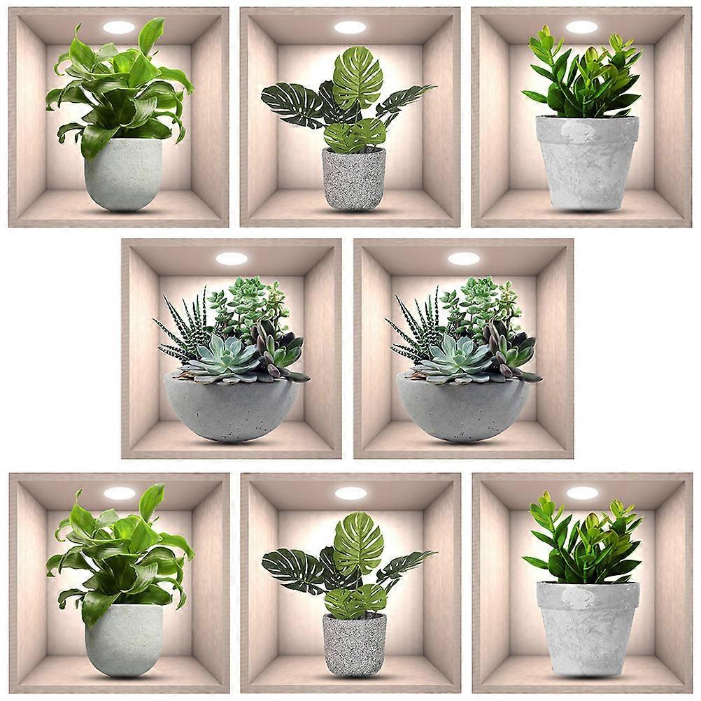 DIY Wall Stickers 8 Sets Bonsai 3D Decals for Bedroom Atmosphere Enhancement PVC Material Square Shape Easy to Apply