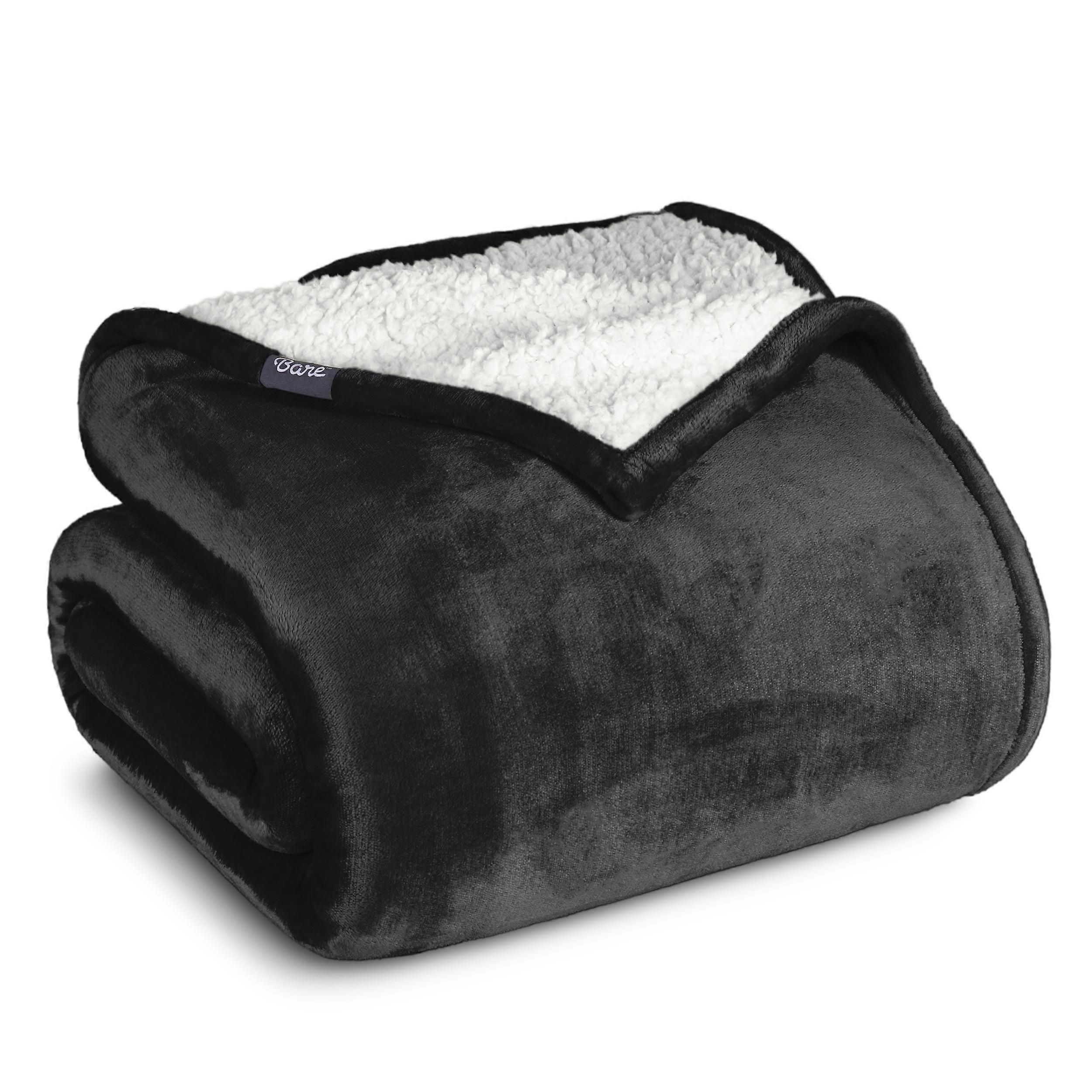 Bare Home Plush Sherpa Bed Blanket - Fluffy & Soft - Reversible - Lightweight - King, Black