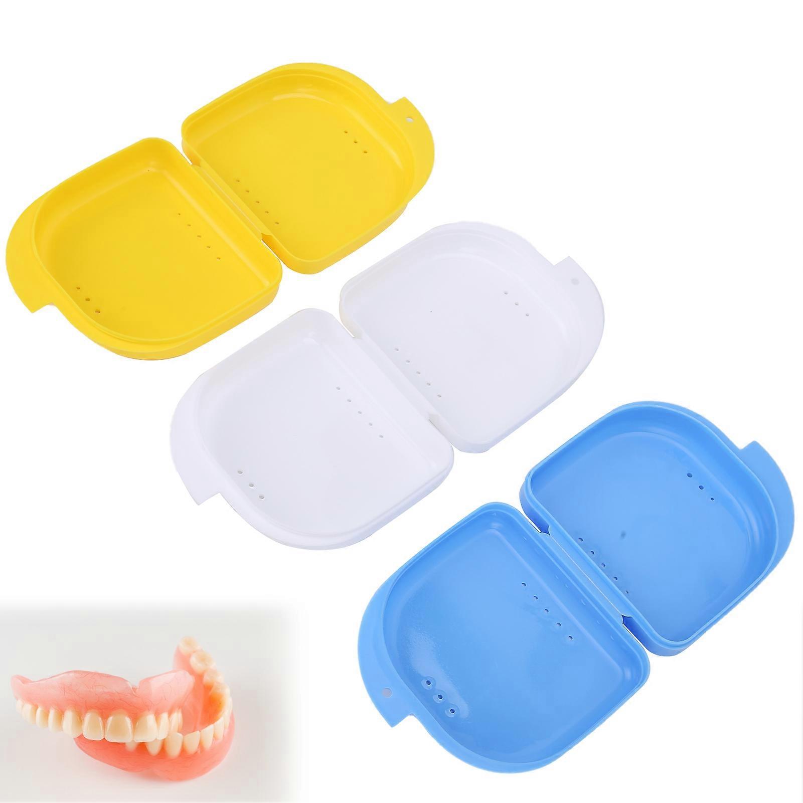 3pcs Half-Mouth Denture Case Storage Box Plastic White Blue Yellow