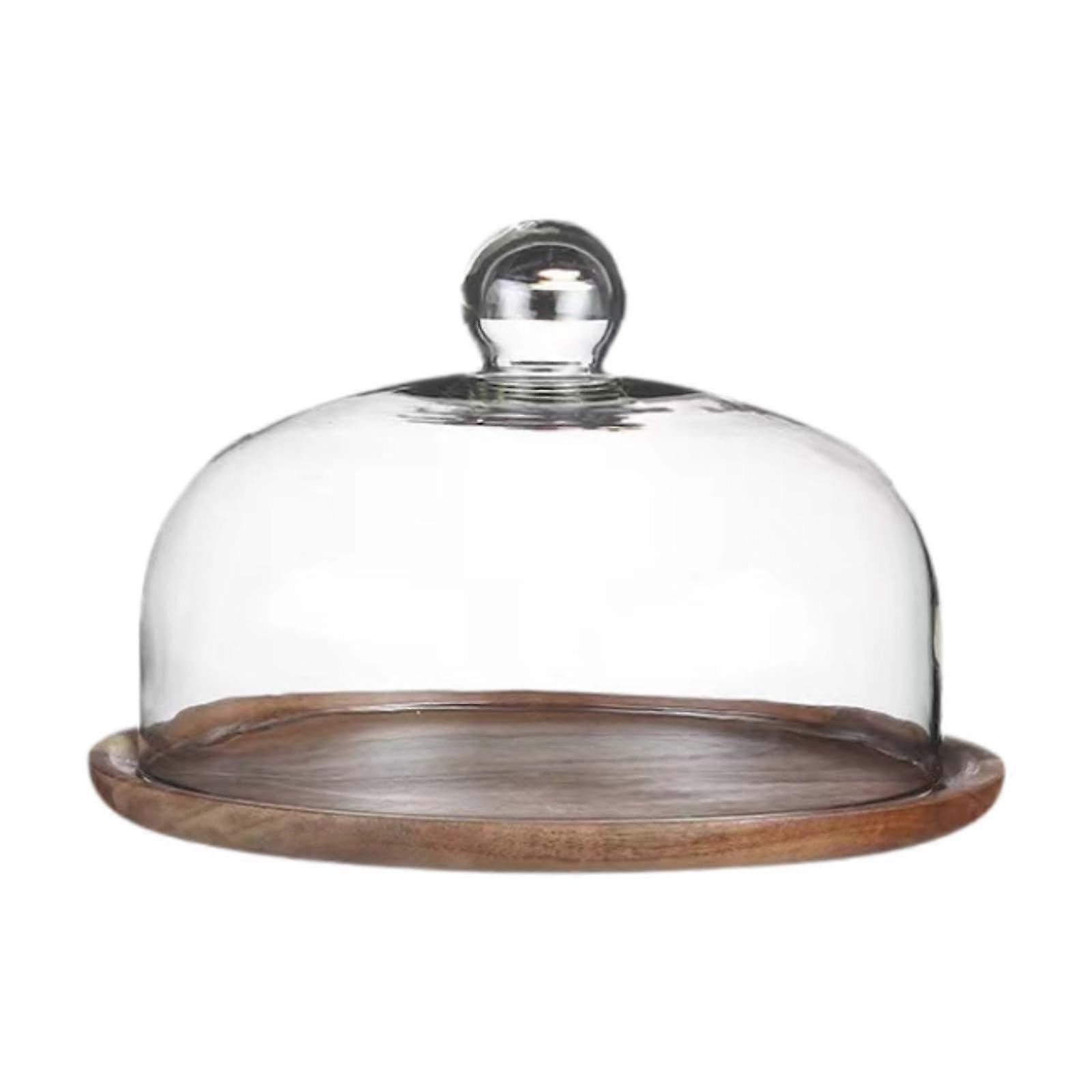 Wooden Cake Stand with Clear Dome Lid, Round Serving Tray for Cakes and Fruits, 23cm