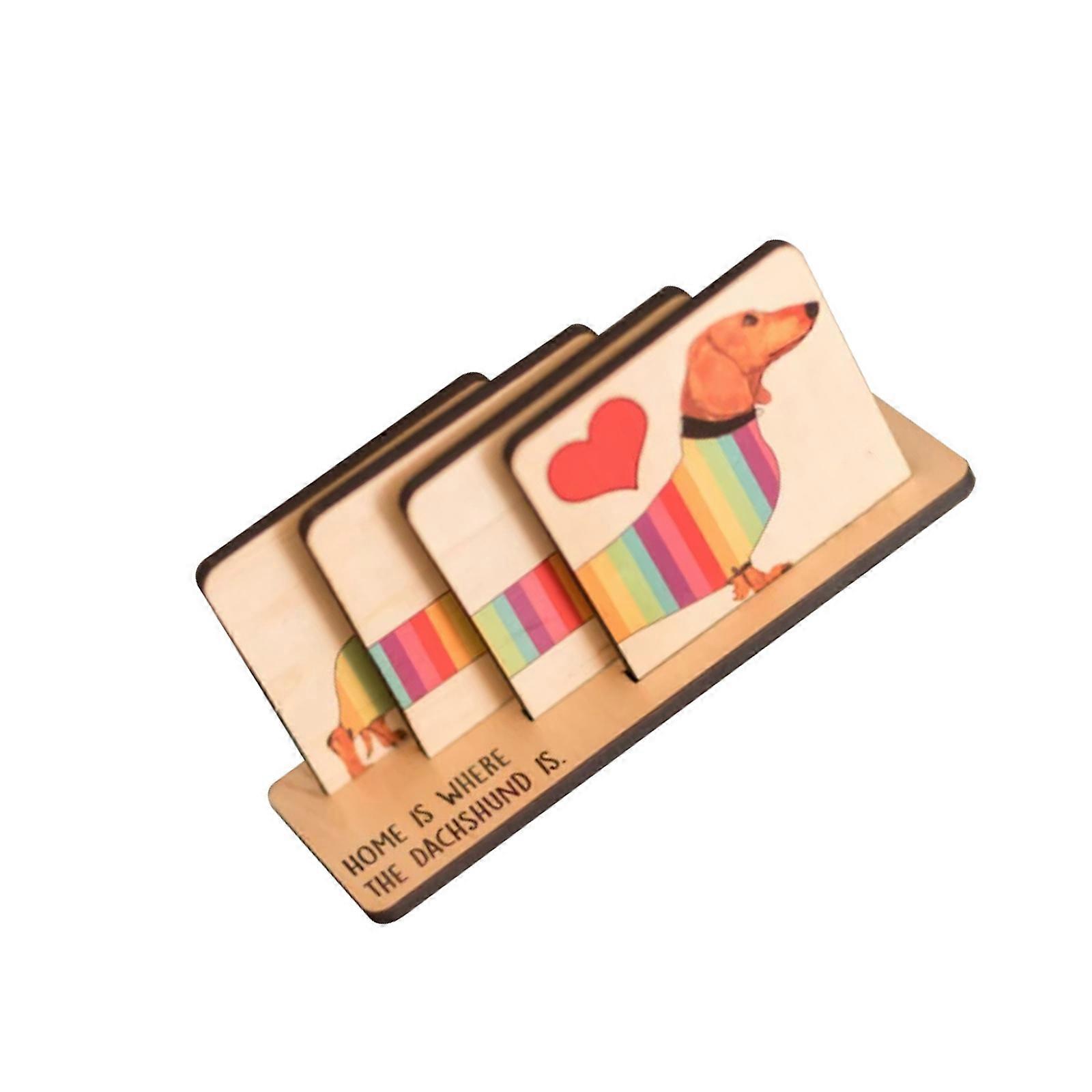 Elegant Dachshund Rainbow Pattern Wood Coaster Multipurpose Desktop Organiser Wooden Tableware Accessory Multicolor