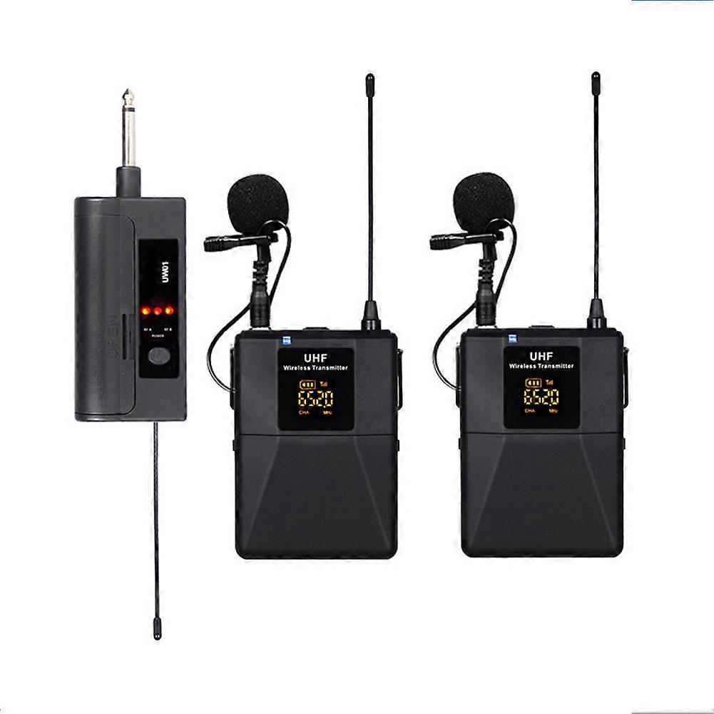 UHF Wireless Dual Lavalier Microphone System 30m Range for DSLR Camera Phone Interview Recording Lapel Mic