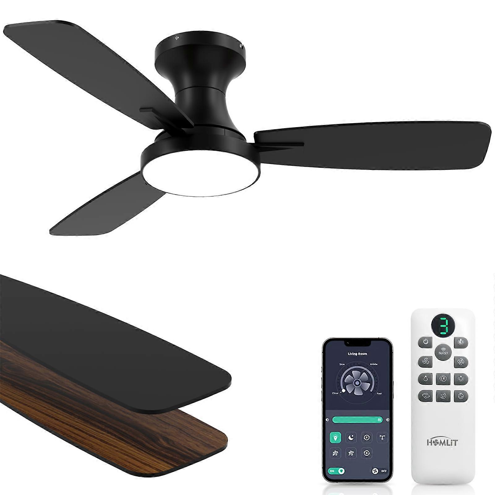 42 Inch Flush Mount Smart Ceiling Fan with Light, Remote and App Control, Ultra Quiet DC Motor, TriColor Dimmable, Reversible for Bedroom, Black