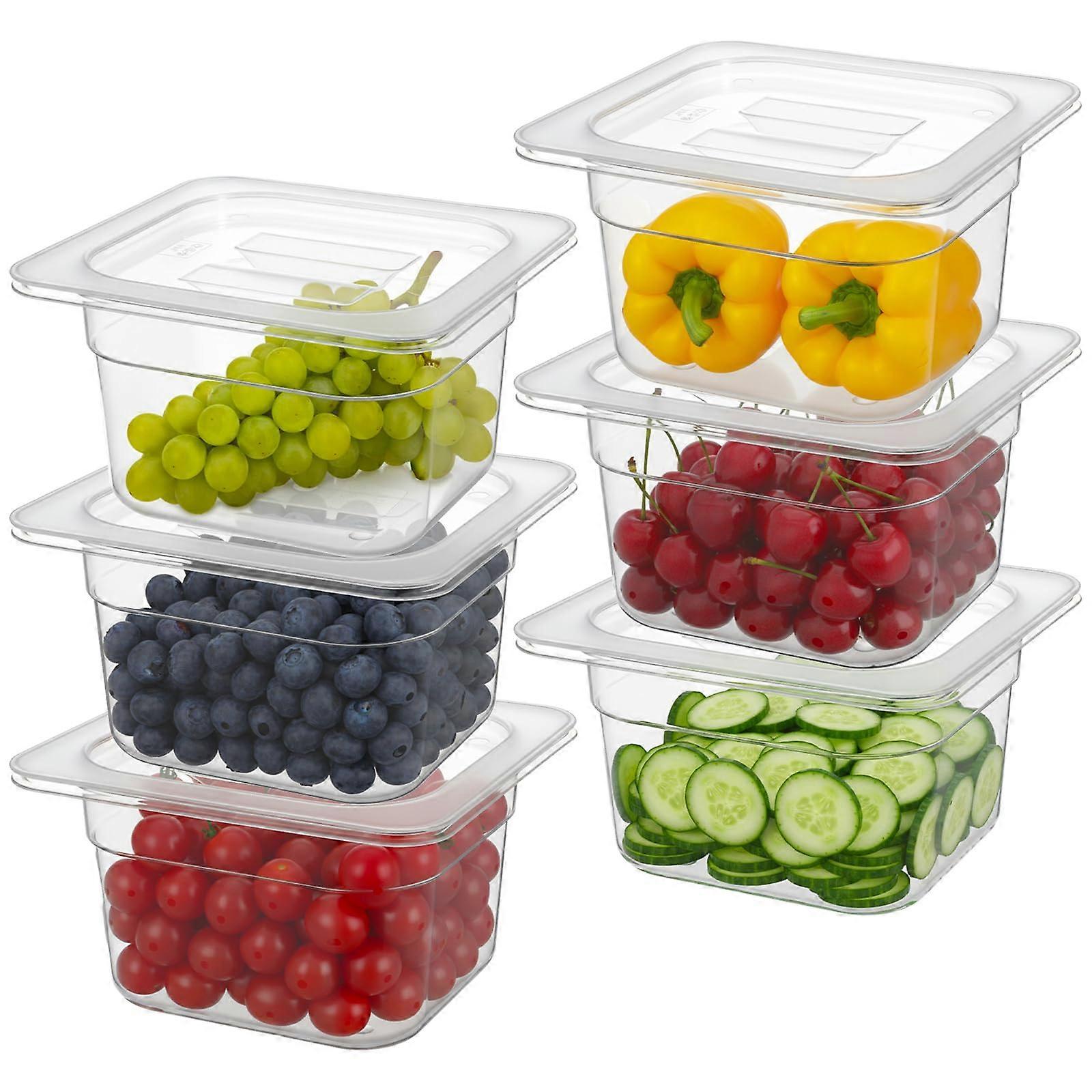 6 Pack 1/6 Size Clear Food Storage Containers with Lids, Stackable Polycarbonate Food Pans 4 Inch Deep