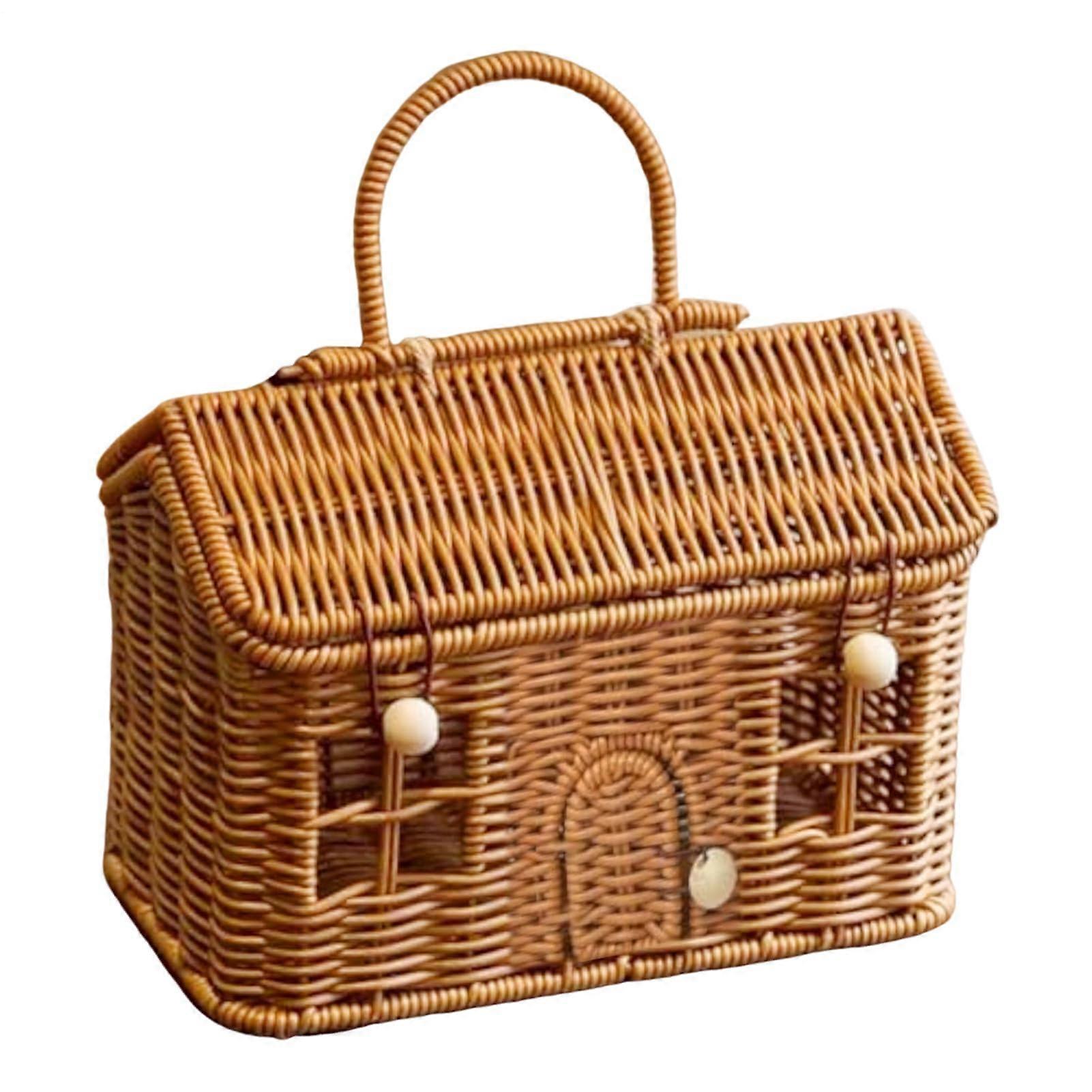 Rattan Storage Basket with Handle, Rustic House Shaped Wicker Organizer for Toys, Blankets, Laundry