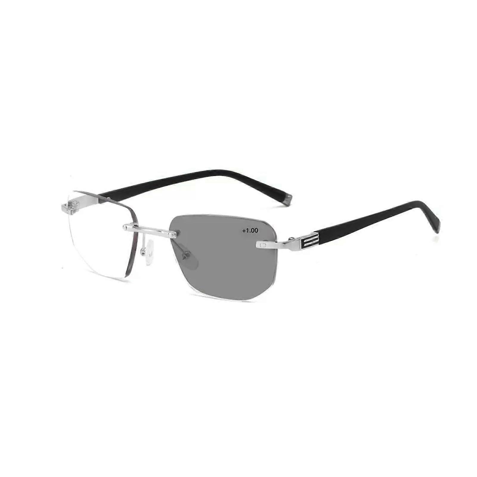 Rimless Photochromic Reading Glasses for Men, Blue Light Blocking Progressive Multifocus, Silver 3.0x
