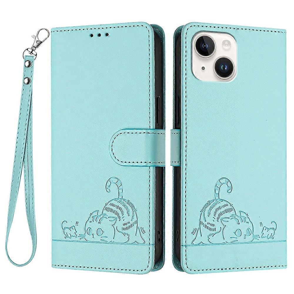 For iPhone 13/14 Case with Strap RFID Blocking Leather Wallet Phone Cover Cat Mouse Pattern
