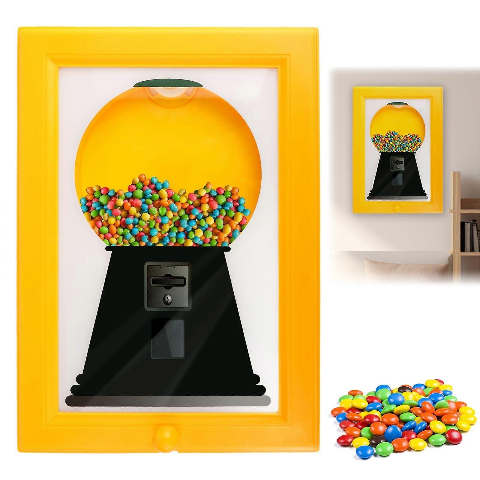 Candy Dispenser Picture Frame 2 in 1 Wall Mounted Gumball Machine with Push Button Yellow