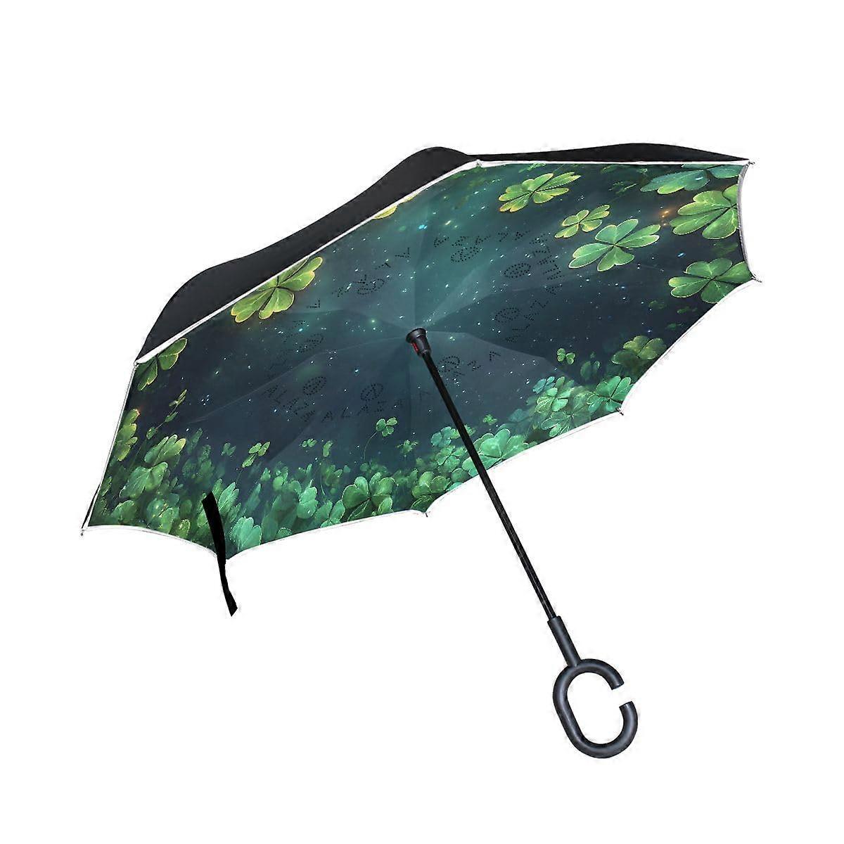 Reverse Umbrella with Hands CHandle, Windproof Waterproof Canopy, St. Patrick's Day Shamrock