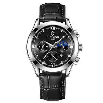 30m waterdicht herenhorloge met lichtgevende kalender, kleur: zwart leer-wit-zwart